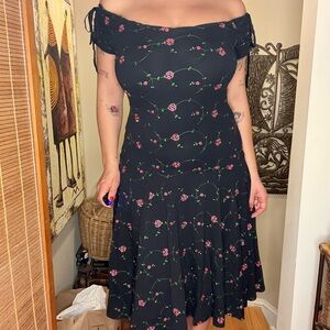Vintage Betsey Johnson Black Floral Off-Shoulder Midi Dress